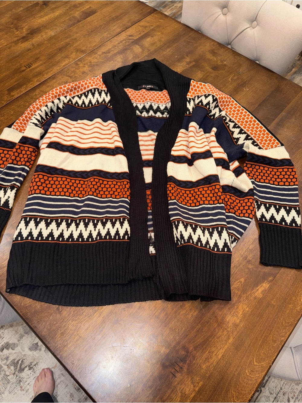 Striped Open-Front Cardigan Sweater in Black, Orange & Cream